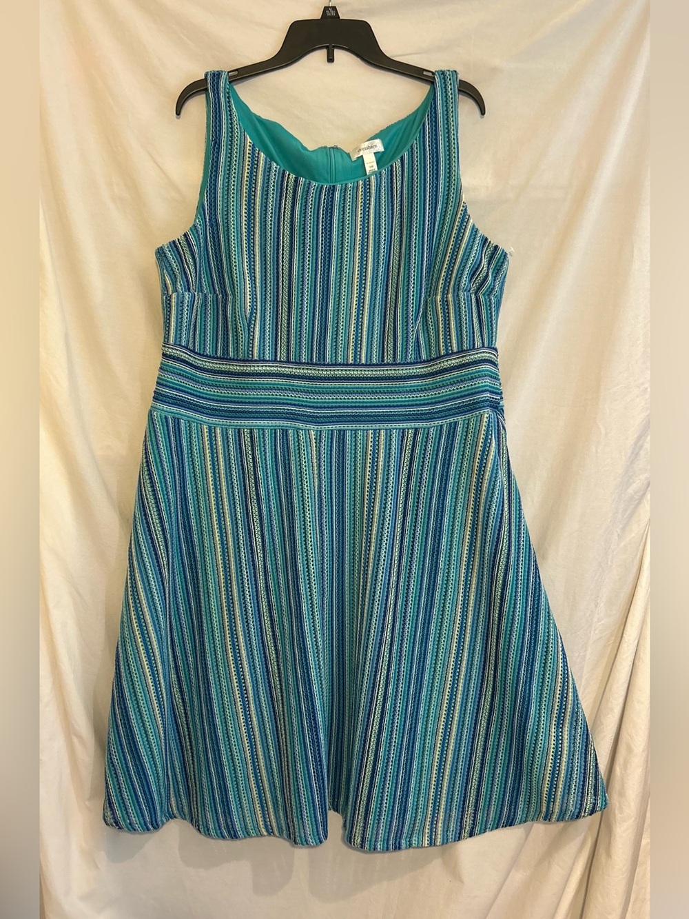 Dress Barn Womens 18W Blue Yellow Vertical Striped Knit Sleeveless Dress NWT
